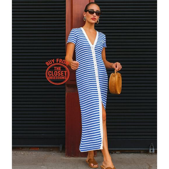 MANGO BLOGGER FAVE!!! Striped Knit Midi Dress NWT | Blue White Size 8 - Picture 2 of 16